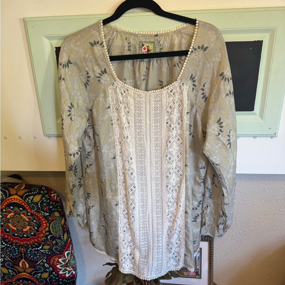 Johnny Was Cream Lace-Front Boho Blouse with Sage Floral Print